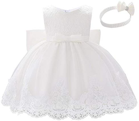 Lito Angels Baby Girls Flower Girl Bridesmaid Lace Dress with Headband Wedding Party Elegant Ball Gown Age 6-12 Months White 426