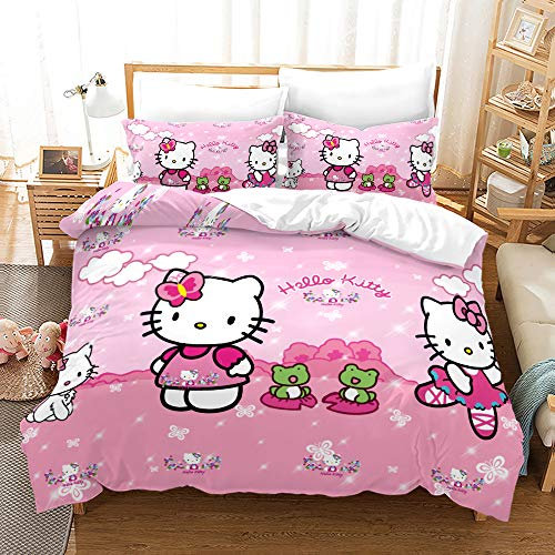 NICHIYOBI Hello Kitty Bettbezug Bettwäsche Set - Bettbezug und Kissenbezug,Mikrofaser,3D Digital Print dreiteiliger Bettwäsche (9,Doubie 200 * 200cm+80 * 80cm)