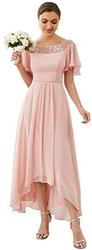 Ever-Pretty Robe de Soirée Asymétrique Longue Femme Manche Courte à Volants Col Rond en Dentelle en Mousseline Fluide Rose 44