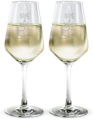 PR Print Royal Wein-Glas mit Gravur - Herzen - mit Namen & Datum selbst gestalten - Weißwein-Gläser graviert für Paare, Geschenk Valentinstag, Hochzeit, Weihnachten, 2er-Set