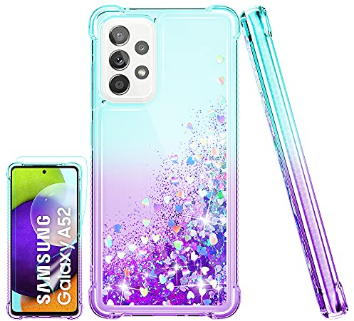 Kompatibel mit Samsung Galaxy A52s/A52 5G Hülle,(Unzerstörbar Stoßfestigkeit) Handyhülle Transparent Flüssigkeit Glitzer Silikon TPU Mädchenhaft Frau Handyhülle, Hülle für Samsung A52,Blaugrün/Lila