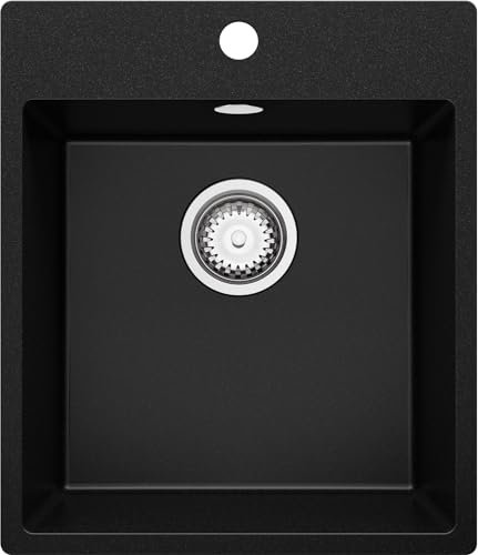 PRIMAGRAN Evier Cuisine en Granit Noir 43x50cm, Lavabo 1 bac + Kit de Vidage, Évier à Encastrer au meuble 45cm - Riga