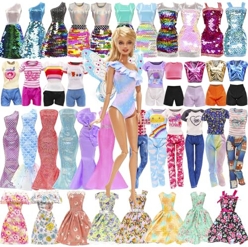 Miunana 54 Pcs 11.5 inch Doll Clothes & Accessories: Fashion Sequin Floral Dresses Tops Pants Swimsuits Party Dresses Wings Costume Shoes Hangers for Doll - Random Style Gifts for Girls