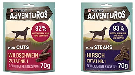 PURINA AdVENTuROS Mini Cuts Hundeleckerli getreidefrei, Hundesnack reich an Wildschwein, 7er Pack (7 x 70g) & Mini Steaks Hundeleckerli getreidefrei, Hundesnack reich an Hirsch, 7er Pack (7 x 70g)