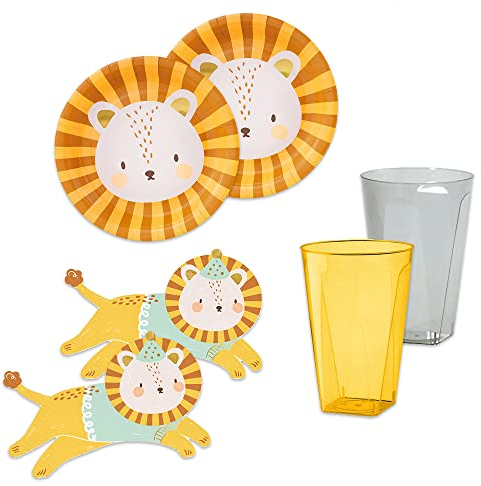 Set 48 pezzi - Kit Coordinato tavola LEONE leoncino - ideale per 12 Ospiti - decoro buffet feste compleanno Bimba Bambina bambini - 12 piatti + 16 Bicchieri + 20 tovaglioli