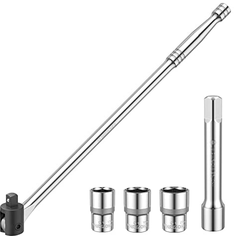 MaxPower Poignée Articulée 1/2 avec Jeu de Douilles, Breaker Bar Barre 1/2 Poignee 450 mm avec Barre D'extension 125 mm et Douille 17 mm, 19 mm, 21 mm