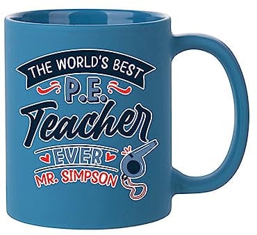 P.E. Teacher Gift, Personalised The Worlds Best P.E. Teacher Gift, Coffee Mug,Tea Mug, 11oz Ceramic Full Coloured Frosted Mug. (Light Blue)