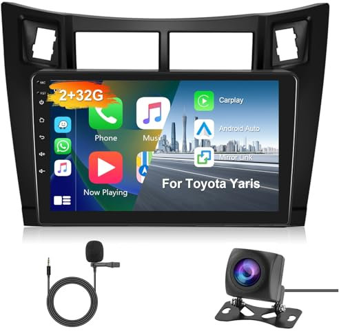 Hodozzy 2G 32G Android Car Stereo for Toyota Yaris 2005-2012 Radio Carplay Wireless Android Auto, 9 inch Touch Screen Radio with GPS Navigation WiFi Bluetooth FM RDS Mirror Link Car Audio+ Camera