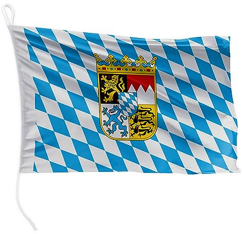 FLAGLY Premium Bootsfahne Bayern-Raute mit Wappen 20 x 30 cm - 115g/m² Stoffgewicht - gedruckt, robust mit Strick & Schlaufe, Bootszubehör Motorboot (20 x 30 cm - Bayern-Raute mit Wappen)