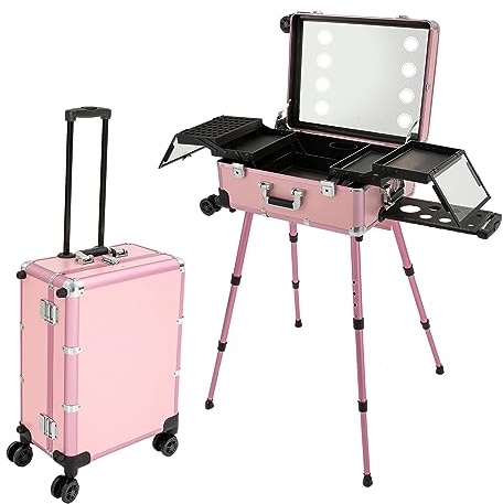 Rolling Makeup Train Case, valigetta per cosmetici in alluminio con luci da specchio, grande trolley per trucchi, organizer per unghie, Colore: rosa., Trolley valigetta cosmetica