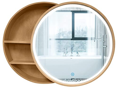 GArcan Runder Spiegelschrank für Badezimmer aus Holz mit LED-Lichtleiste, Wandspiegelschrank für Badezimmer, 2-in-1-Badezimmerspiegel aus massivem Holz in Nebeloptik/runder Kosmetikspiegel zur Wand