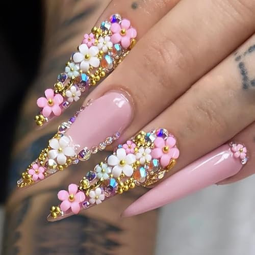 MouyouGlow Press on Nails Extrem Lang,Stiletto Rosa Base 3D Crystal Hibiskus Blume Fairy Y2K Coquette Fake Nails mit Nagelkleber,Flower Sommer Künstliche Fingernägel