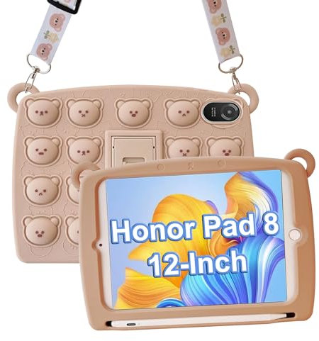 A-BEAUTY Custodia Bambini Compatibile con Honor Pad 8 12 Pollici 2022, Antiurto Cover con Portapenne, Tracolla, Orso Marrone