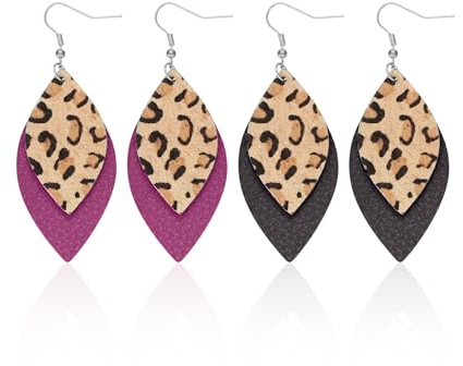 2 Paar Ohrringe mit Leopardenmuster. Lederschmuckset, Ohrringe mit Anhänger, Ohrringe mit Tierdruck, Doppellagiger Vintage-Frauenschmuck, Ohrringe in Form von Modeblättern.