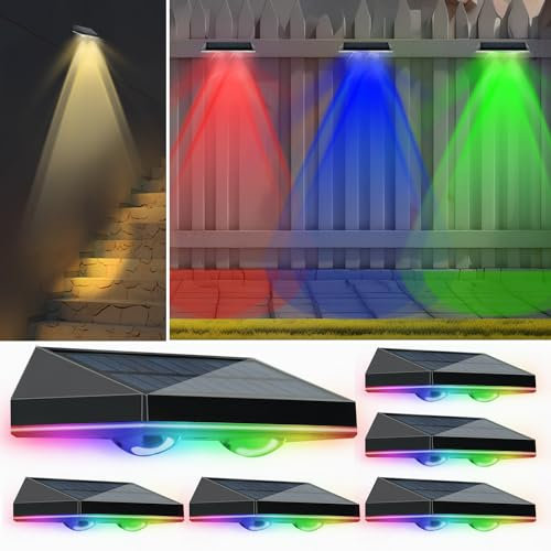 hixyer Solar Fence Lights Outdoor Garden, 8 Modes Solar Wall Lights Warm White & RGB Colors Waterproof Solar Lights for Outside, Backyard, Patio, Deck, Stair, Step, Railing (6 Pack)