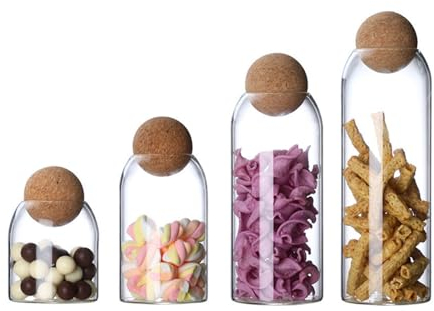 4-Pack Glass Storage Jars with Cork Ball Lids, Clear Glass Jars with Cork Balls, Cute Decorative Round Glass Bottles with Airtight Wooden Lids to Store Spices, Sugar, Salt, Tea, Nuts, Coffee Beans ,A