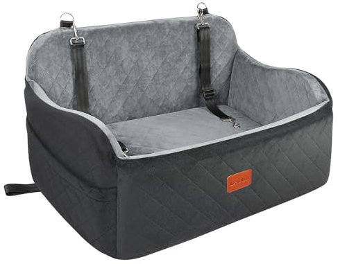 Lealchum Hundeautositz bis zu 55 lb, 2 Clip-On Sicherheitsleinen verstellbares Hundebett für 2 kleine Hunde, Abnehmbarer und waschbarer Haustier-Autositz mit 2 Aufbewahrungstaschen(Black/Grey, Large)