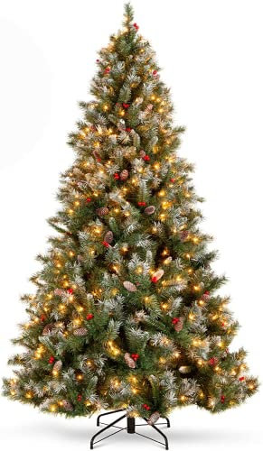 Asinse Artificial Christmas Tree Pre Lit Xmas Tree 250 LED Luxury Higned Tree 800 Tips with 50 Berries and 50 Pine Cones, Home Holiday Party Decorations (5FT/150CM)