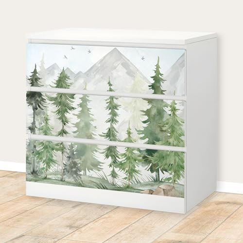 Unik Nordic Aufkleber Set Tannenwald Aquarell für MALM Kommode mit 80 cm Schrankbreite, 3 Schubladen-Folien, Sticker für Schrank, Möbelfolie fürs Kinderzimmer, Schrankfolie für Kinder