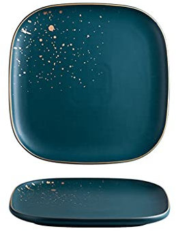 Snowflyk Assiettes Assiettes à dîner en Porcelaine élégantes à Bord doré Mat, Assiettes de Service carrées pour Steak, Dessert, pâtes et apéritif (Vert 9,5 Pouces)