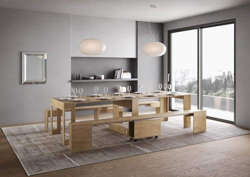 IMAGO FACTORY Lover - Console extensible avec banc inférieur et supérieur, table extensible salle à manger (jusqu'à 302 cm) Meuble console d'entrée moderne Made in Italy (chêne nature)