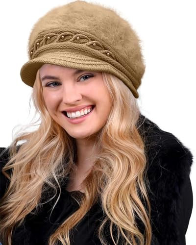 Yutdeng Invernale Moda Cappello Lavorato a Maglia da Donna Berretto in Maglia Caldo Berretto Donna con Visiera Spesso Foderato in Pile Vintage Beretta con Decorazione di Perle,Cachi