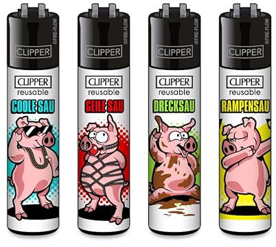 Clipper Feuerzeuge, Set mit 4 Stück, außergewöhnliche Motive (Schweinchen)