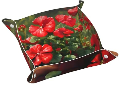 Ablagetablett aus Leder, mit roten Geranien, leicht zu reinigen, für Schlüssel, Uhr, Make-up und andere kleine Gegenstände WHJYYXDE