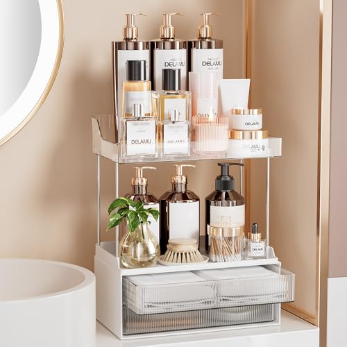 Delamu Makeup Organiser, 2 Drawers, 2 Tier Countertop, Clear | Clear countertop clutter with 2 tiers and 2 drawers, keeping makeup and daily essentials neat, visible and easy to reach