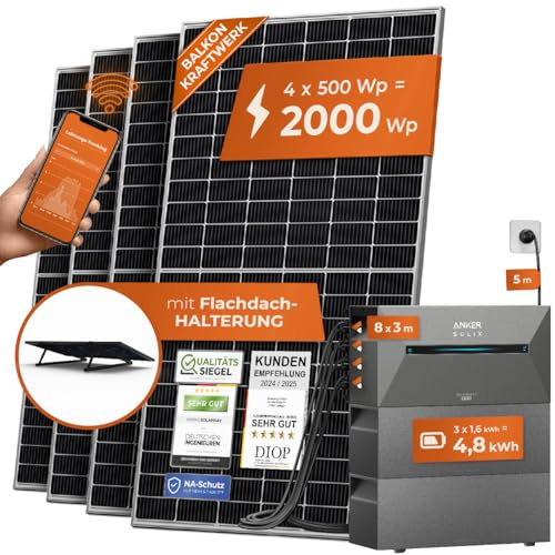 Solarway® All In One Balkonkraftwerk mit Speicher 2000W komplett Steckdose - 4,8 kWh Anker Solix 2 PRO Speicher - Solaranlage Komplettset - 500W Solarmodule (2000Wp + 4,8kWh, Flachdach Halterung)