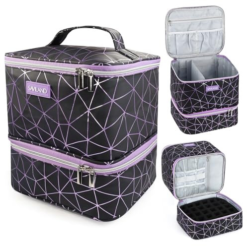SAVILAND Nail Polish Organizer Bag: PU Leather Nail Kit Organizer Holds 30 Bottles & Nail Lamp, Black Nail Supply Organizer Nail Polish Carrying Case Gel Nail Organizers and Storage Box for Nail Tech