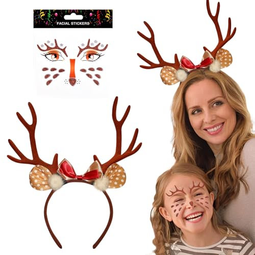 Reh Haarreif Mit Gesichtstattoo Und Geweih - Karneval Kostüm Accessoires Für Damen Und Kinder - Hirschgeweih Bambi Faschingskostüme Headband
