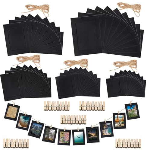 Rustark 105Pcs 5 Sizes Black Paper Picture Frames Cardboard Picture Frame Cardboard Photo Easels Paper Photo Frame DIY Cardboard Photo Frame with Wood Clip and Jute Twine for Wall Decor Craft