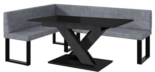 MEBLINI Eckbank für Esszimmer mit ausziehbarem Tisch - Küchenbank - Essecke - Sitzecke Küche - Peter - U-Beine 142x196x87cm Links - Grau Samt/B Schwarz Hochgl.