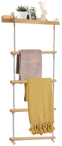 YTACREA 5 Niveles Toallero de Madera, Toalleros Pared de Baño, Toallero Escalera para Toallas de Baño, Ropa o Periódicos, Accesorios Baño, Decoracion Habitacion, Colgador Toalla Baño para Dormitorio