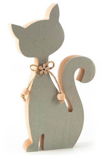 Logbuch-Verlag Holz Katze zum Hinstellen Katzenfigur Dekokatze als Geschenk & Dekoration 19,5 x 12 cm grau