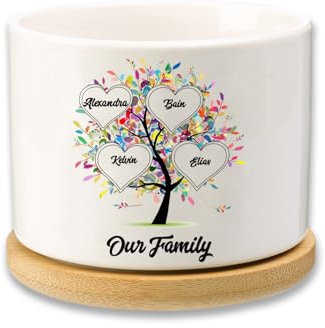 Dacomfy Personalisierter Keramik-Blumentopf mit Lebensbaum, Einzigartiges Muttertagsgeschenk für Mama, Sukkulenten-Gefäß für Drinnen und Draußen