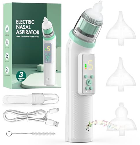 YSWOVUO Nasensauger Baby Elektrisch mit 5 Saugstufen, Elektrischer Nasensauger Baby Staubsauger mit Display, Usb-Aufladbar mit 3 Silikondüsen und Pinzette, Musikfunktion und Farblichtern, Grün