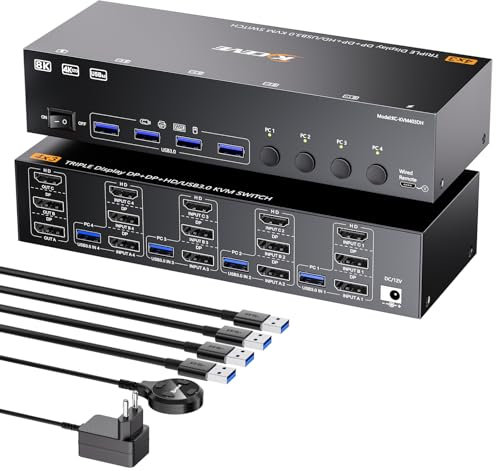 8K@60Hz KVM Switch 4 PC 3 Monitore, HDMI + 2Displayport KVM Switches Triple Monitore für 4 PCs, die sich 3 Monitore und 4 USB 3.0 Ports teilen, inkl. kabelgebundener Fernbedienung, Netzteil und 4 USB