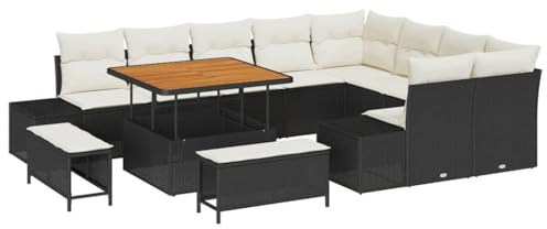 vidaXL Garten-Sofa-Set 12 pcs Schwarz und Creme 100 x 100 x 71 cm, Garten und Terrasse, modernes Loungeset, modulare Stauraumfächer, Poly Rattan Sofa, Außenkissen, Terrassensofa