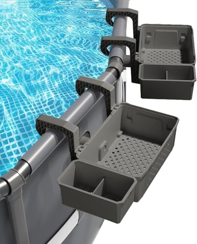 Pool-Aufbewahrungskorb mit 2 Getränkehaltern, Abnehmbare Ablage für Schwimmbadrand, Ideal für Aufstellpools & Whirlpools, Wetterfest & langlebig (Pool Aufbewahrungskorb, Grau)