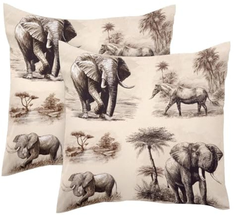 Kissenbezug mit afrikanischem Elefant, Safari-Tiere, weicher Samt, modern, dekorativ, doppelseitig, 50 x 50 cm (Kissen nicht im Lieferumfang enthalten), 2 Stück