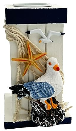 Maritimer Teelichthalter 13 cm – Handbemalter Kerzenhalter Blau-Weiß aus Kunstharz & Glas mit Möwe, Seestern & Tau, Strandhaus-Windlicht, Küsten-Deko für Wohnzimmer, Bad, Balkon, Geschenkidee