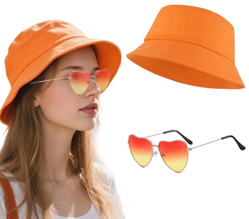 2 Pcs Orange Bucket Hat Women with Vintage Heart Sunglasses, Summer Fisherman Women’s Men’s Sun Hats, Foldable Sun Beach Cap Unisex, Costume Accessories, UV Protection Outdoor Summer Beach Travel