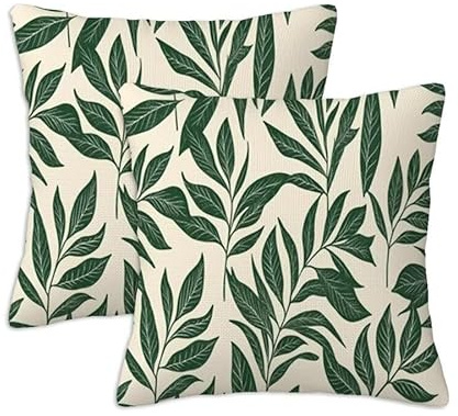 Kissenbezug 35x35 cm Grün Outdoor Kissen Wetterfest, 2er Set Leinen Kissenbezüge Zierkissenbezüge Gartenkissen mit Reißverschluss, Blatt Kissen Outdoor für Lounge Balkon Terrasse Patio Garten S-1342