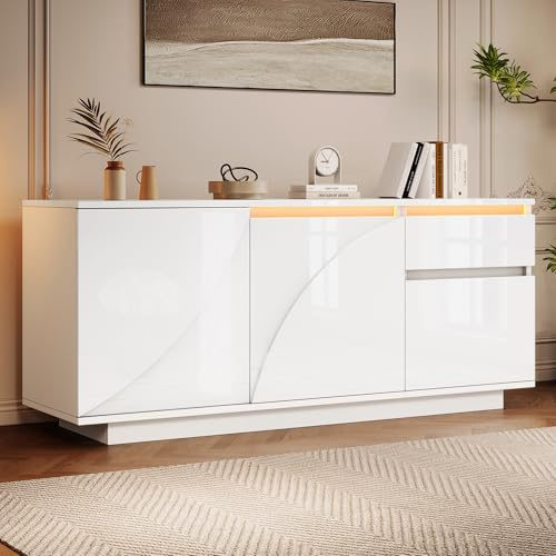 FammyLoft Hochglanz Sideboard Wohnzimmer mit 3 Schränken und 1 Schubladen, Buffetschrank mit LED-Lichtleiste, 140 * 40 * 60cm, Modern Wohnzimmerschrank für Schlafzimmer, Büros, Flur, Weiß