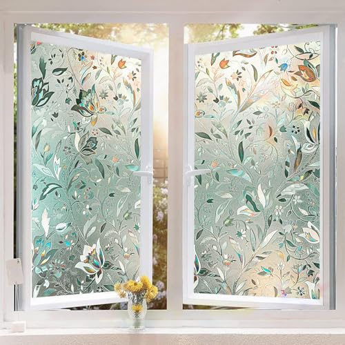 Privacy Window Film 120 x 400cm, Shackcom 3D Stained Glass Tulip Decoration Pattern with Rainbow Effect Opaque Glass Film Static Cling No-Glue Self Adhesive Vinyl Film for Home Door