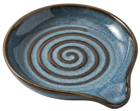 Diameter 13 CM Spoon Rest, Ceramic Spoon Rest with Spiral Design, Handcrafted Glazed Spoon Holder Spoon Holder, Heat-Resistant and Dishwasher Safe, Kiln Turning Blue