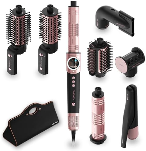 Cecotec Cepillo de Aire Moldeador Multifunción con 8 Accesorios AirGlisse 8in1 Black. 1400W, 110000rpm, Placas Calefactoras, Función Rotativa, Función Plasma, Accesorios con Tecnología PTC