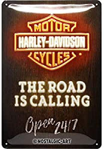 Nostalgic-Art Retro Blechschild, Harley-Davidson – Road is Calling Neon – Geschenk-Idee für Motorrad-Fans, aus Metall, Vintage-Dekoration, 20 x 30 cm